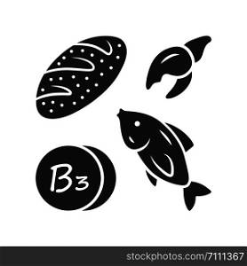 Vitamin B3 glyph icon. Bread, fish and seafood. Healthy eating. Nicotinic acid. Vitamin PP, niacin natural food source. Minerals. Silhouette symbol. Negative space. Vector isolated illustration