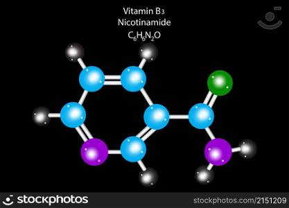 Vitamin B3 molecule structure. Nicotinamide atom. Chemical compound. Black background. Vector illustration. Stock image. EPS 10.. Vitamin B3 molecule structure. Nicotinamide atom. Chemical compound. Black background. Vector illustration. Stock image.