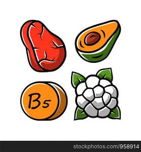 Vitamin B5 color icon. Meat, avocado and cauliflower. Healthy eating. Pantothenic acid natural food source. Proper nutrition. Minerals, antioxidants. Isolated vector illustration