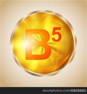 Vitamin B5 icon. Vitamin B5 gold shining pill icon. Pantothenic acid capsule symbol. Vector illustration.