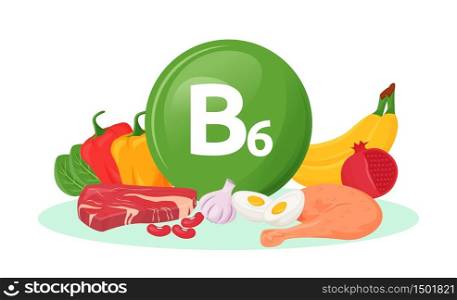 Vitamin B6 food sources cartoon vector illustration. Bell pepper, bananas, meat healthy products. Eggs, garlic, pomegranate flat color object. Good nutrition isolated on white background. Vitamin B6 food sources cartoon vector illustration