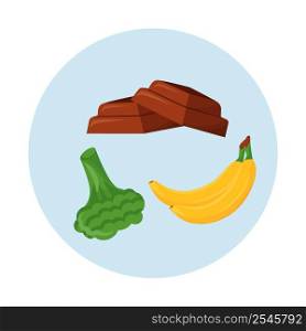 Vitamin B6 sources semi flat color vector objects icon. Dark chocolate and banana. Leafy greens. Full sized items on white. Simple cartoon style illustration for web graphic design and animation. Vitamin B6 sources semi flat color vector objects icon