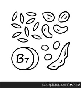 Vitamin B7 linear icon. Almonds and peanuts. Nuts and peas. Healthy eating. Biotin natural source. Vitamin H. Thin line illustration. Contour symbol. Vector isolated outline drawing. Editable stroke