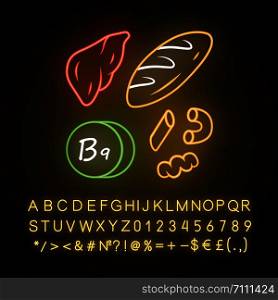 Vitamin B9 neon light icon. Bread, liver and pasta. Meat and flour products. Healthy eating. Folic acid natural food source. Glowing sign with alphabet, numbers, symbols. Vector isolated illustration