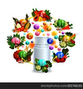 Vitamin bottle, surrounded with group of natural vegetarian food poster for diet supplement advertising. Pill and ball of vitamin complex with fruit, vegetable and spice herb, cereal and nuts banner. Natural vitamin with healthy food poster design