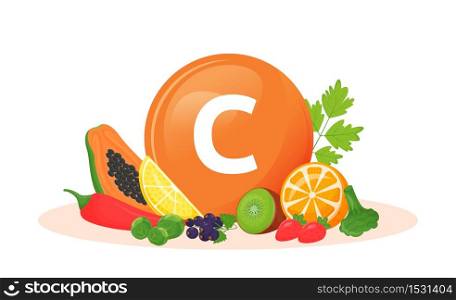 Vitamin C food sources cartoon vector illustration. Antioxidant in fresh fruits, vegetables. Greens flat color object. Healthy vegetarian diet. Vegan food isolated on white background. Vitamin C food sources cartoon vector illustration