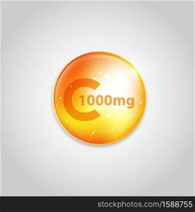Vitamin C gold shining pill with Chemical formula, Ascorbic acid.