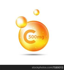 Vitamin C gold shining pill with Chemical formula, Ascorbic acid.