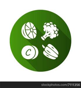 Vitamin C greeen flat design long shadow glyph icon. Lemon, broccoli and bell pepper. Healthy eating. Ascorbic acid natural food source. Vegetables. Proper nutrition. Vector silhouette illustration