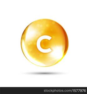 Vitamin C icon. shining golden substance drop. meds for heath ads. treatment cold flu and nutrition skin care. vector.