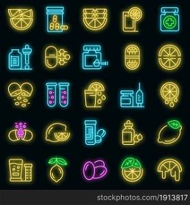 Vitamin c icons set. Outline set of vitamin c vector icons neon color on black. Vitamin c icons set vector neon