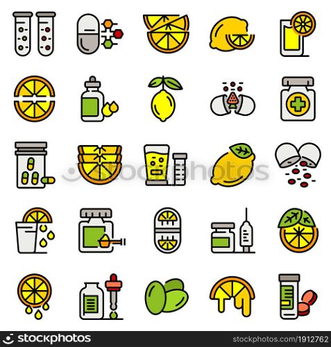 Vitamin c icons set. Outline set of vitamin c vector icons thin line color flat on white. Vitamin c icons set vector flat