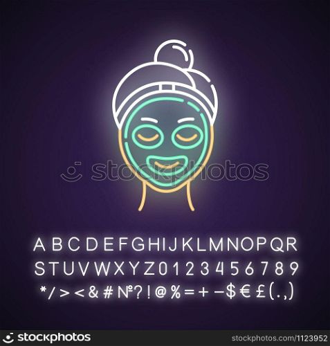 Vitamin C mask neon light icon. Skin care procedure. Facial beauty treatment. Dermatology, cosmetics, makeup. Glowing sign with alphabet, numbers and symbols. Vector isolated illustration
