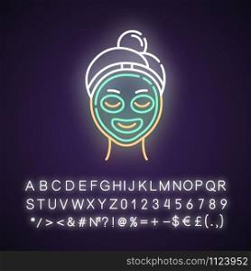 Vitamin C mask neon light icon. Skin care procedure. Facial beauty treatment. Dermatology, cosmetics, makeup. Glowing sign with alphabet, numbers and symbols. Vector isolated illustration