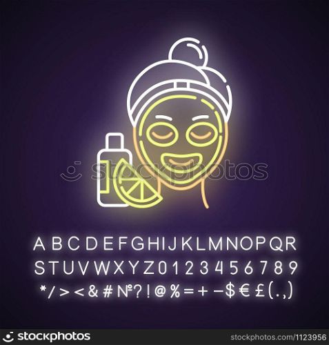 Vitamin C mask neon light icon. Skin care procedure. Facial treatment. Face product. Dermatology, cosmetics, makeup. Glowing sign with alphabet, numbers and symbols. Vector isolated illustration