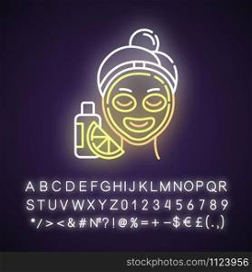 Vitamin C mask neon light icon. Skin care procedure. Facial treatment. Face product. Dermatology, cosmetics, makeup. Glowing sign with alphabet, numbers and symbols. Vector isolated illustration
