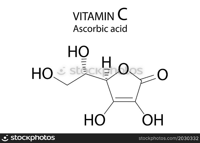 Vitamin C molecular formula. Atomic structure. Chemistry education. Science background. Vector illustration. Stock image. EPS 10.. Vitamin C molecular formula. Atomic structure. Chemistry education. Science background. Vector illustration. Stock image.