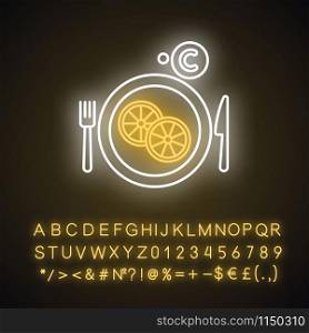 Vitamin C neon light icon. Sliced lemon on plate. Cut fruit. Eat citrus. Common cold precaution. Healthcare. Glowing sign with alphabet, numbers and symbols. Vector isolated illustration