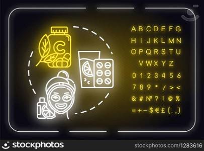 Vitamin C, skincare and healthcare neon light concept icon. Citrus extract, ascorbic acid idea. Outer glowing sign with alphabet, numbers and symbols. Vector isolated RGB color illustration