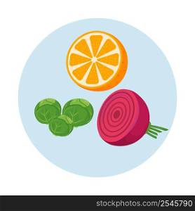 Vitamin C sources semi flat color vector objects icon. Cabbage and orange. Health benefits. Full sized items on white. Simple cartoon style illustration for web graphic design and animation. Vitamin C sources semi flat color vector objects icon