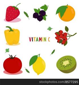 Vitamin C. Vector illustration with an image of fruits and vegetables containing vitamin c