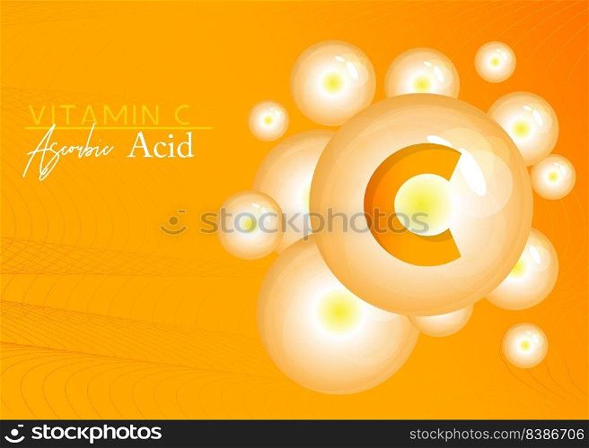 Vitamin C. Vitamin complex from nature. Protect the body and stay healthy. Beauty treatment, medical nutrition skin care. Banner with golden balls, oxygen bubbles.