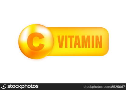 Vitamin C with realistic drop on gray background. Particles of vitamins in the middle. Vector illustration. Vitamin C with realistic drop on gray background. Particles of vitamins in the middle. Vector illustration.