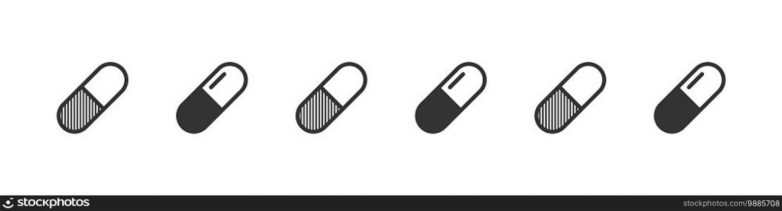Vitamin capsules. Black pills concept. Vitamins icons on white background. Trendy style. Vector illustration