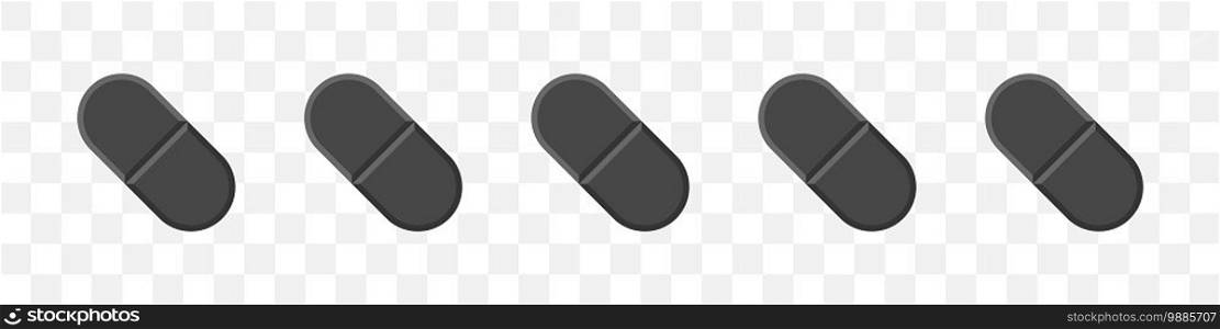 Vitamin capsules. Black pills. Vitamins icons on transparent background. Flat style. Vector illustration