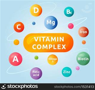 Vitamin complex cartoon vector illustration. Dietary supplement flat color object. Vitamin C, D, B6. Complementary feeding for health. Food additives. Balanced diet isolated on blue background . ZIP file contains: EPS, JPG. If you are interested in custom design or want to make some adjustments to purchase the product, don&rsquo;t hesitate to contact us! bsd@bsdartfactory.com. Vitamin complex cartoon illustration