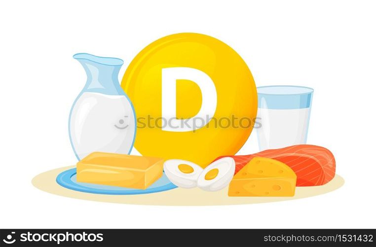 Vitamin D food sources cartoon vector illustration. Butter, cheese animal products. Eggs, milk, fish healthy diet flat color object. Wholesome nutrition isolated on white background. Vitamin D food sources cartoon vector illustration