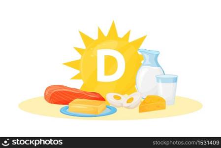 Vitamin D food sources cartoon vector illustration. Natural diet for bone health flat color object. Raw fish, eggs and dairy products. Good nutrition isolated on white background. Vitamin D food sources cartoon vector illustration