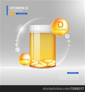 Vitamin D gold shining pill with Chemical formula, Ascorbic acid.