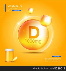 Vitamin D gold shining pill with Chemical formula, Ascorbic acid.