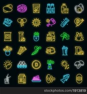 Vitamin D icons set. Outline set of vitamin D vector icons neon color on black. Vitamin D icons set vector neon