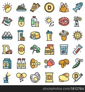 Vitamin D icons set. Outline set of vitamin D vector icons thin line color flat on white. Vitamin D icons set vector flat