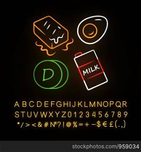 Vitamin D neon light icon. Butter, egg and milk. Healthy eating. Cholecalciferol natural food source. Dairy products. Glowing sign with alphabet, numbers and symbols. Vector isolated illustration
