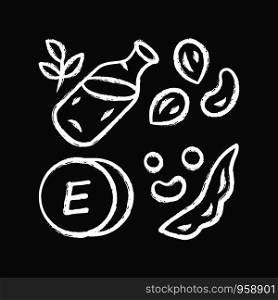 Vitamin E chalk icon. Peanuts, peas and beans. Seed oil. Healthy diet. Minerals, antioxidants. Tocopherol natural food source. Dairy products. Proper nutrition. Isolated vector chalkboard illustration