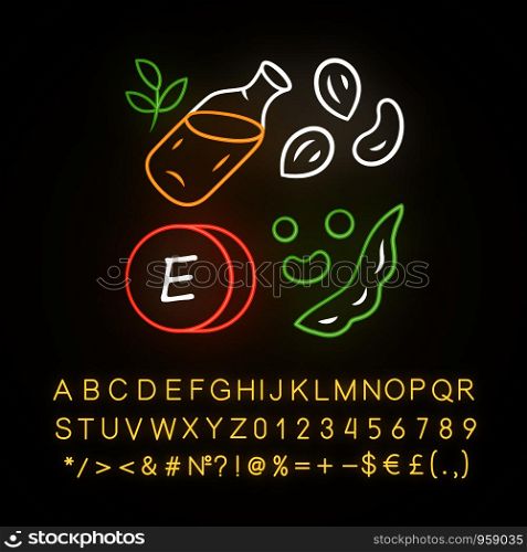 Vitamin E neon light icon. Peanuts, peas and beans. Seed oil. Healthy diet. Minerals, antioxidants. Tocopherol food source. Glowing sign with alphabet, numbers, symbols. Vector isolated illustration