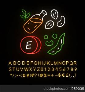 Vitamin E neon light icon. Peanuts, peas and beans. Seed oil. Healthy diet. Minerals, antioxidants. Tocopherol food source. Glowing sign with alphabet, numbers, symbols. Vector isolated illustration