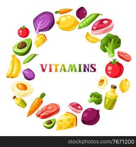 Vitamin food sources frame. Healthy eating and healthcare concept.. Vitamin food sources frame.