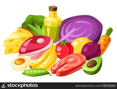 Vitamin food sources illustration. Healthy eating and healthcare concept.. Vitamin food sources illustration.