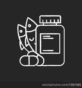 Vitamin intake chalk icon. Fish oil supply. Omega-3 supplement. Medication and pills. Multivitamin complex. Diet supply. Healthcare and nutrition. Pharmacy. Isolated vector chalkboard illustration