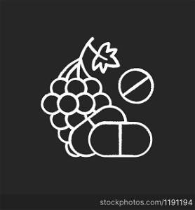 Vitamin intake chalk icon. Grape, organic food. Nutritious diet supplement. Pills and medication. Multivitamin complex. Healthcare. Pharmaceutical drug. Isolated vector chalkboard illustration
