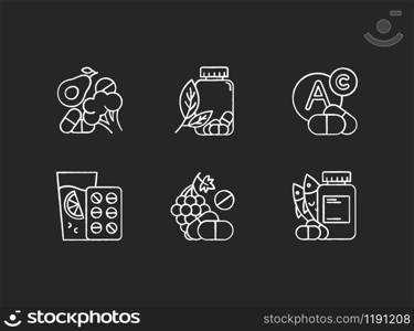 Vitamin intake chalk icons set. Vegetables and fruits for healthcare. Pharmaceutical aid. Diet supplement. Medication and pills. Multivitamin complex. Isolated vector chalkboard illustrations