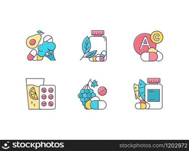 Vitamin intake color icons set. Vegetables and fruits for healthcare. Pharmaceutical aid. Diet supplement. Medication and pills. Multivitamin complex. Isolated vector illustrations