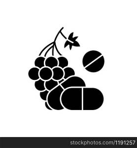 Vitamin intake glyph icon. Grape, organic food. Nutritious diet supplement. Pills and medication. Multivitamin complex. Silhouette symbol. Negative space. Vector isolated illustration