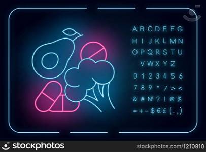 Vitamin intake neon light icon. Avocado and broccoli. Pills and medication. Diet supplement. Organic and natural food. Glowing sign with alphabet, numbers and symbols. Vector isolated illustration