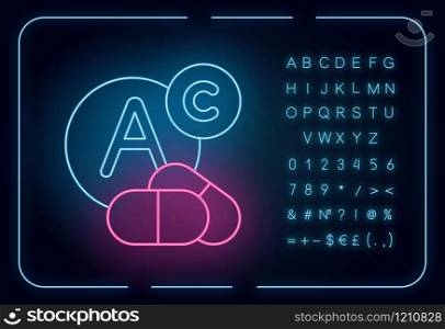 Vitamin intake neon light icon. Diet supplement. Multivitamin complex. Nutrition and healthcare. Medicament treatment. Glowing sign with alphabet, numbers and symbols. Vector isolated illustration
