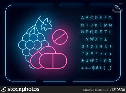 Vitamin intake neon light icon. Grape, organic food. Nutritious diet supplement. Pills, medication. Multivitamin complex. Glowing sign with alphabet, numbers and symbols. Vector isolated illustration
